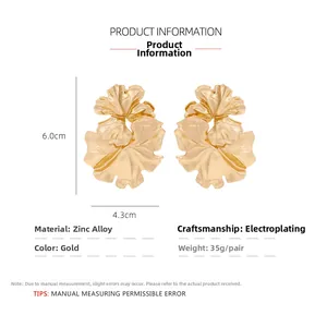 Detailed size specifications for large gold-plated alloy leaf-shaped floral earrings