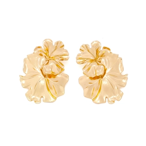 Golden crumpled leaf stud earrings with abstract floral design in vintage metal style
