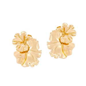 Chic gold-plated leaf floral earrings with textured wrinkles and layered organic design