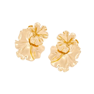 Exaggerated golden leaf flower earrings with pleated metal design in retro fashion style