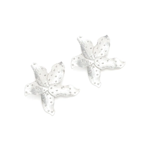 Close-up of silver alloy flower earrings featuring brushed metal texture and dot details
