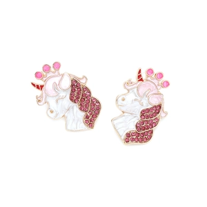 Boucles d'oreilles licorne avec couronne, strass roses et émail blanc doux