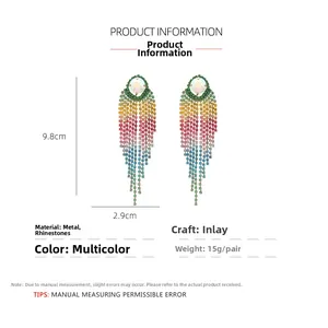 Detailed dimensions of long rainbow tassel earrings with 9.8cm length and 2.9cm width