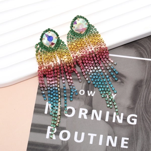 Rainbow gradient rhinestone tassel drop earrings for evening wear and formal parties