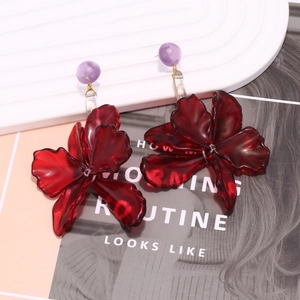 Exaggerated long acrylic leaf flower earrings with deep red petals and purple beads