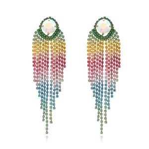 Exaggerated Long Tassel Dangle Earrings Alloy Gradient Colorful Rhinestone Glamorous Banquet Party Evening Jewelry Women