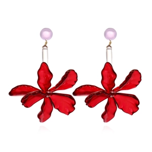 Exaggerated Long Acrylic Leaf Flower Drop Earrings For Women Fashion Jewelry Red Translucent Petal Design