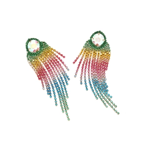 Long rainbow gradient rhinestone tassel earrings with a large white crystal stud
