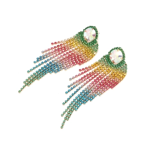 Luxurious long tassel earrings with gradient rainbow rhinestones for elegant evening wear