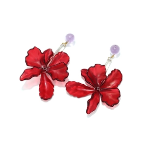 Exaggerated long acrylic leaf flower earrings with dark red petals and lavender beads