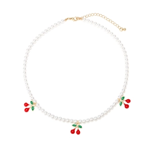 Sweet Cherry Pendant Faux Artificial Pearl Necklace Hand Beaded Zinc Alloy Enamel Fruit Adjustable Clavicle Chain For Women