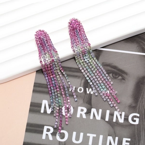 Long gradient rhinestone tassel earrings with colorful sparkling crystal chain fringe