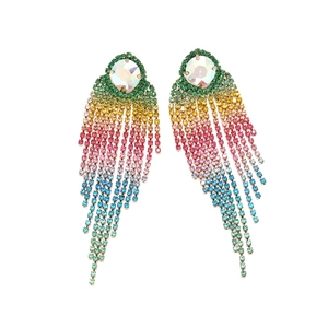 Close-up of rainbow gradient rhinestone tassel earrings with a round crystal stud