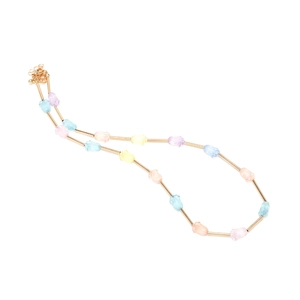 Minimalist beaded necklace with pastel resin buds and golden metal tubes on white base