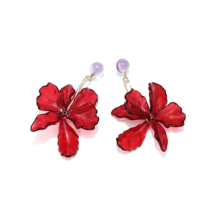 Statement acrylic leaf and flower drop earrings with red translucent petals and purple beads