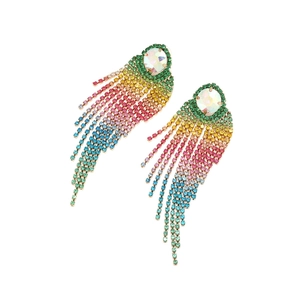 Luxury gradient rainbow rhinestone fringe long drop earrings for party and banquet events