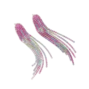 Luxury gradient colorful rhinestone tassel earrings with long fringe and crystal chains