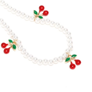 Elegant handmade pearl necklace with sweet red cherry charms and green leaves