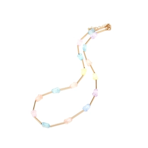 Chic beaded necklace with colorful tulip charms and gold metal tubes on white background