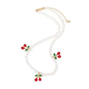 Elegant white faux pearl beaded necklace featuring sweet red cherry pendants and gold clasp