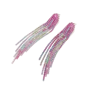 Luxury long gradient rhinestone tassel earrings with colorful crystal drop fringe