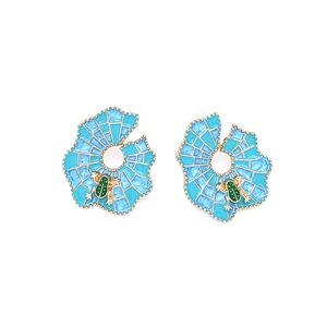 Cute enamel frog earrings with blue checkered leaf design on gold-plated metal base