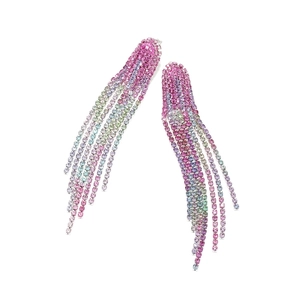Close-up of luxury gradient colorful rhinestone fringe earrings with silver plating