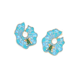 Elegant leaf and frog stud earrings featuring blue enamel and gold-plated alloy