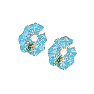 Elegant gold-plated frog on green enamel leaf stud earrings with checkered texture