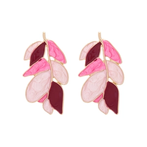 Eleganti orecchini a foglia dorata con dettagli in smalto multicolore bordeaux e rosa