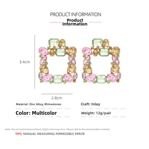 Detail view of colorful square drop earrings featuring multi-color rhinestones and alloy
