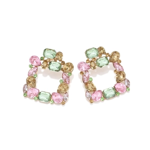 Detailed view of square colorful gemstone earrings featuring multi-shape crystal inlay
