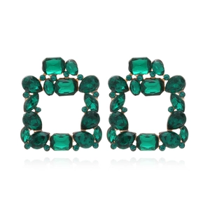 Elegant emerald green geometric square drop earrings with sparkling crystals and gold base
