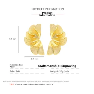 Detailed view of gold fan-shaped leaf earrings with 5.6x3.0cm size and zinc alloy texture