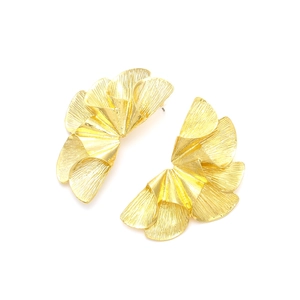 Artistic gold fan-shaped leaf earrings with textured metallic petals on white background