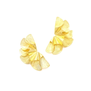 Statement gold fan-shaped leaf earrings with layered pleated texture and metallic finish