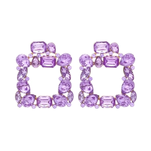 Elegant square purple crystal stud earrings featuring a geometric alloy rhinestone frame