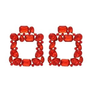 Luxury geometric square earrings with red crystals and gold-plated alloy settings