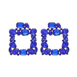 Luxe square geometric drop earrings with navy blue crystals and gold alloy frames