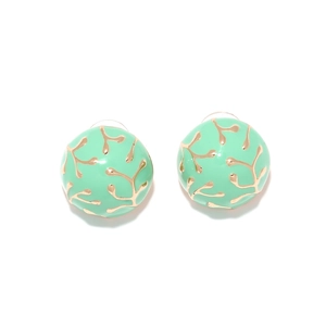 Retro mint green enamel stud earrings with golden coral branch texture in a round shape