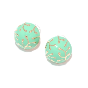 Mint green round stud earrings with golden branch texture in minimalist palace style