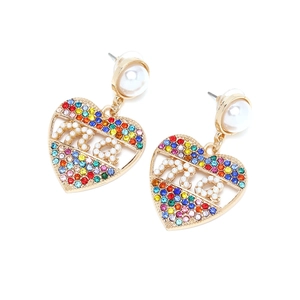 Boucles d'oreilles cœur dorées avec strass arc-en-ciel et lettrage MRS en perles