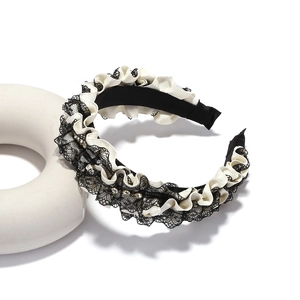 Vintage style pleated lace headband with white satin fabric and subtle crystal accents