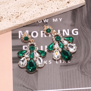 Vintage emerald waterdrop floral drop earrings with rhinestones in gold finish