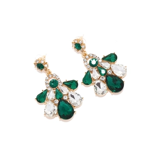 Vintage emerald crystal teardrop earrings with gold alloy and sparkling diamond settings
