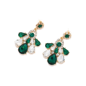 Vintage gold drop earrings with emerald green glass and clear crystals in floral cluster