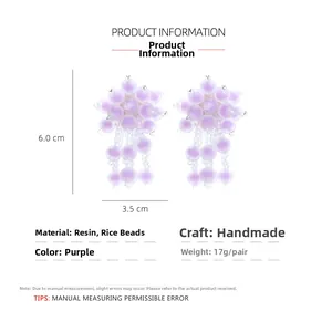 Macro view of purple beaded tassel earrings with detailed size and resin material info