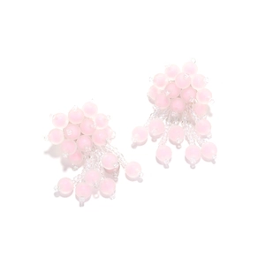 Macro detail of handmade pink frosted beads and transparent fringe on floral earring