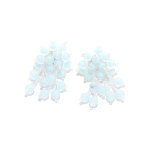 Detail view of light blue beaded cluster earrings with frosted translucent finish