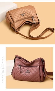Detail view of rhombic quilted crossbody bags in brown and rose pink with leather texture